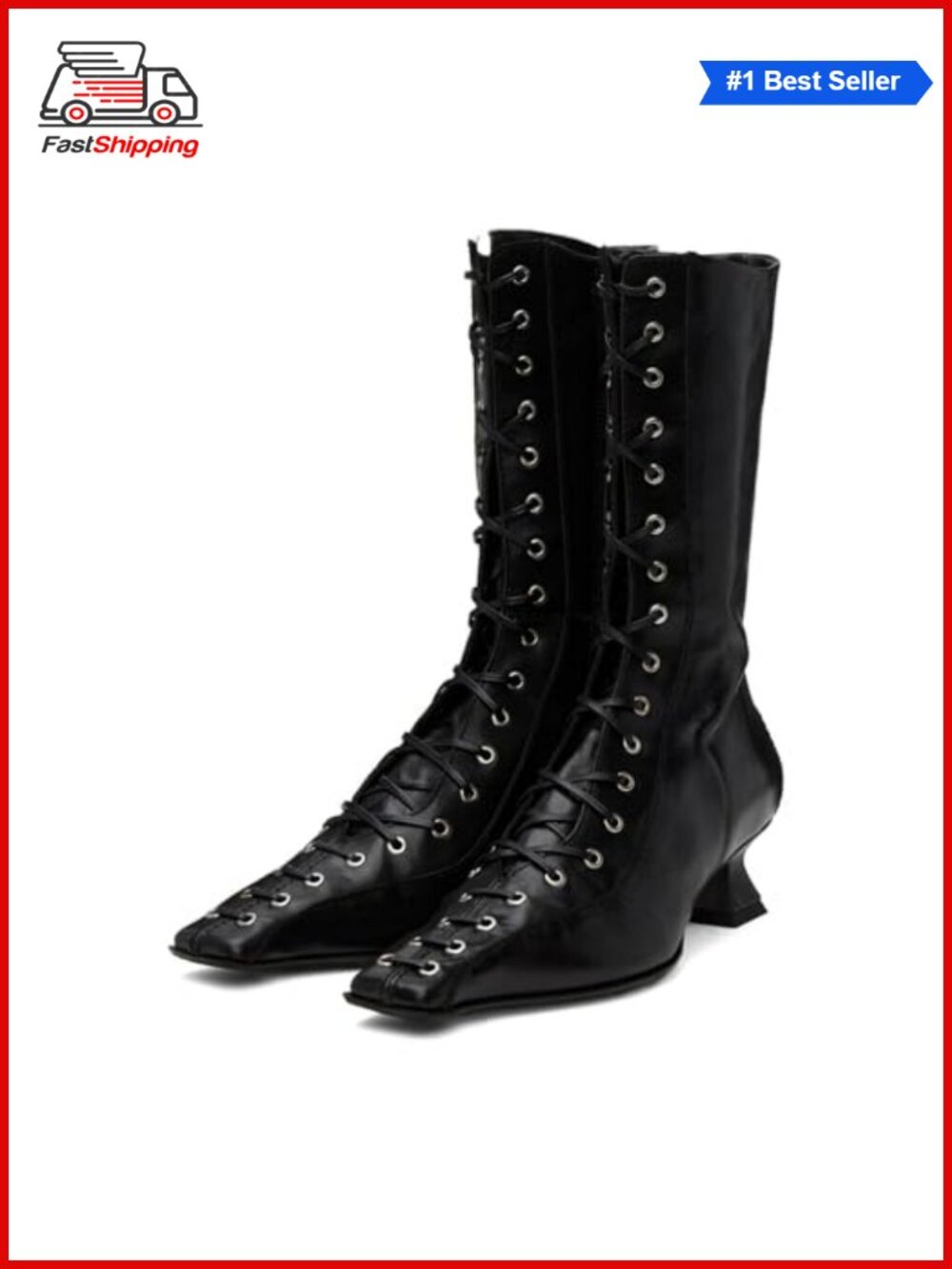 Womens Lace Up Mid Calf Boots Pointed Square Toe Kitten Heel Vintage Witch